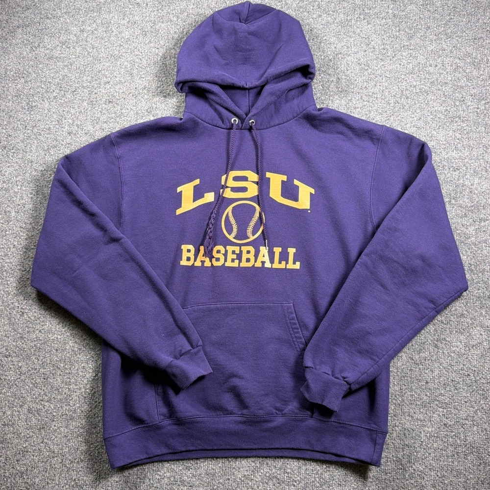 LSU Tigers Baseball Hoodie Champion Men Large Purple Eco Fleece Pullover NCAA